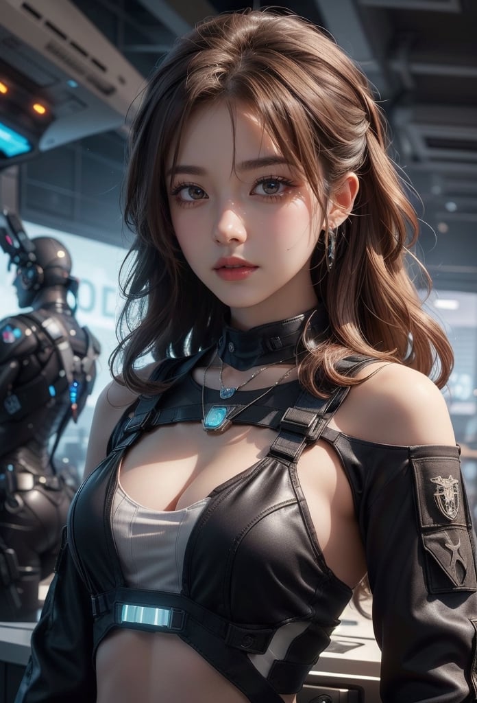 In a photorealistic masterpiece, a slim-bodied girl with sparkling brown eyes and a warm smile gazes directly at the camera. She's dressed in a half-body crop top and off-shoulder outfit, accented by a silver watch and a statement necklace. Her wavy brown hair cascades down her back as she confidently operates a futuristic machine, flanked by a large spaceship's metallic surface in the background. The high contrast lighting accentuates her friendly expression, while a sleek, black tactical suit with special operation agent insignia wraps around her half-body. In one hand, she holds an assault rifle with intricate details, showcasing her skills as a futuristic black tactical suit-wearing special operation agent.