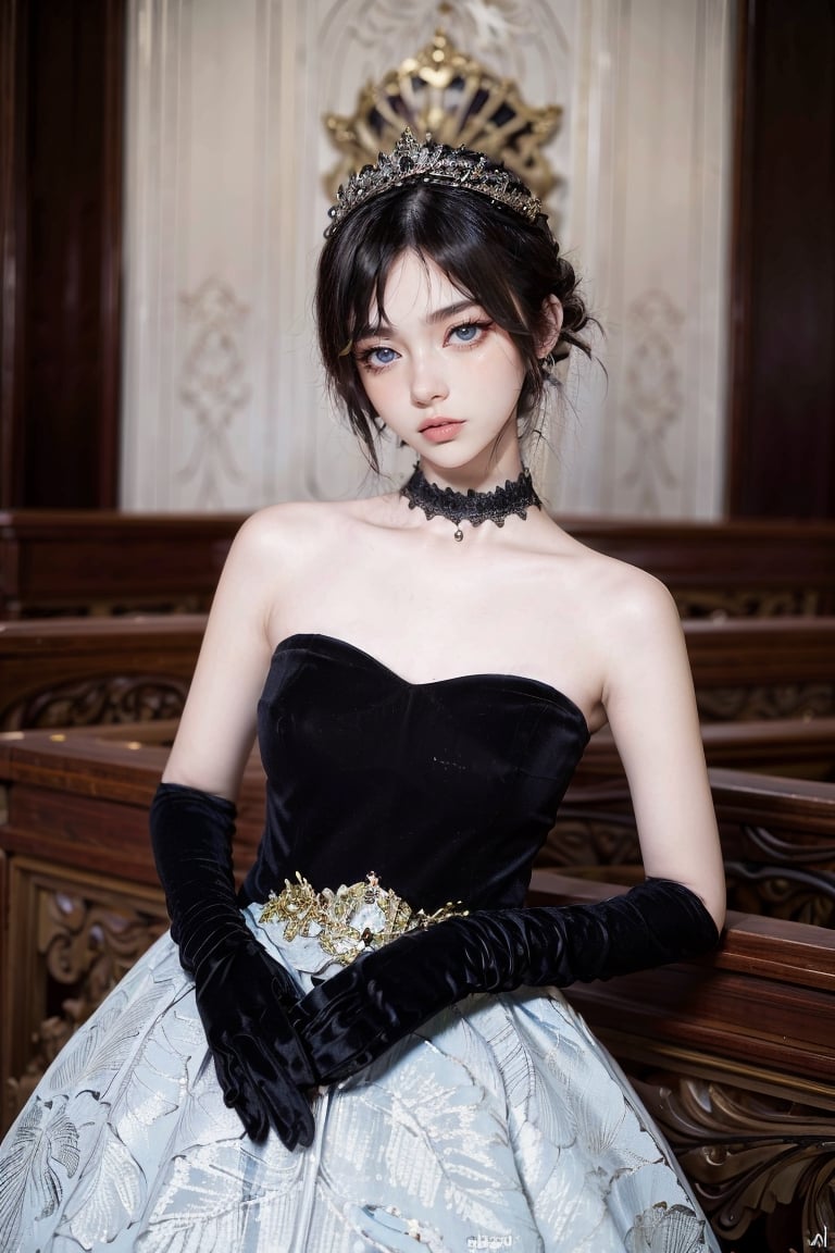 female, ((masterpiece, best quality, ultra detailed, absurdres):1.5), black hair, solo,long hair,large breasts,looking at viewer,pink, bare shoulders, black dress, black_glove, choker,adress2