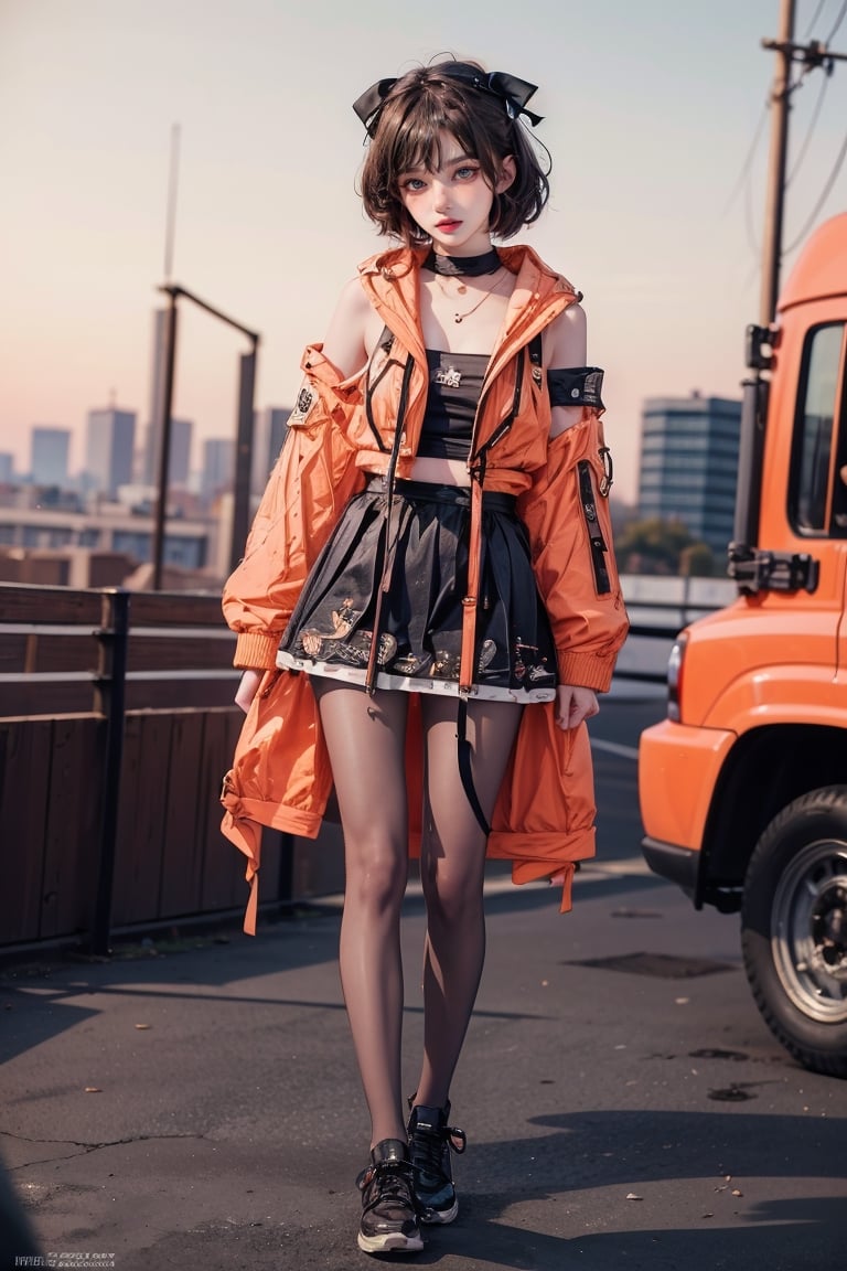 female, ((masterpiece, best quality, ultra detailed, absurdres):1.5), 1girl, bangs, beautiful, bow, ribbon, skirt,jacket,pantyhose,choker,hood,black skirt,hoodie,drawstring,orange jacket,
orange hoodie,techcloak, black hair, 