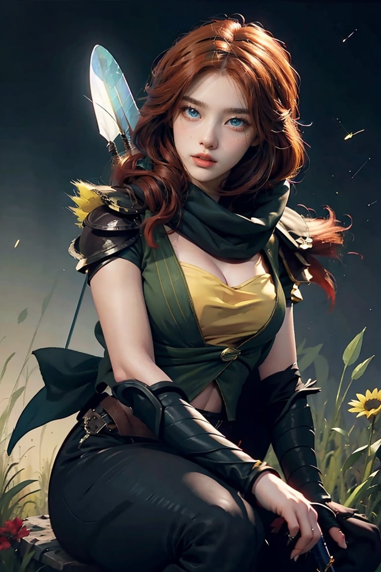 (masterpiece:1.2), best quality,PIXIV, arcana,arcana,Windranger anime style, solo, bow (weapon), weapon, 1girl, red hair, hair ornament, simple background, flower, hair flower, long hair, bug, butterfly, blue eyes, arrow (projectile), no humans, sitting