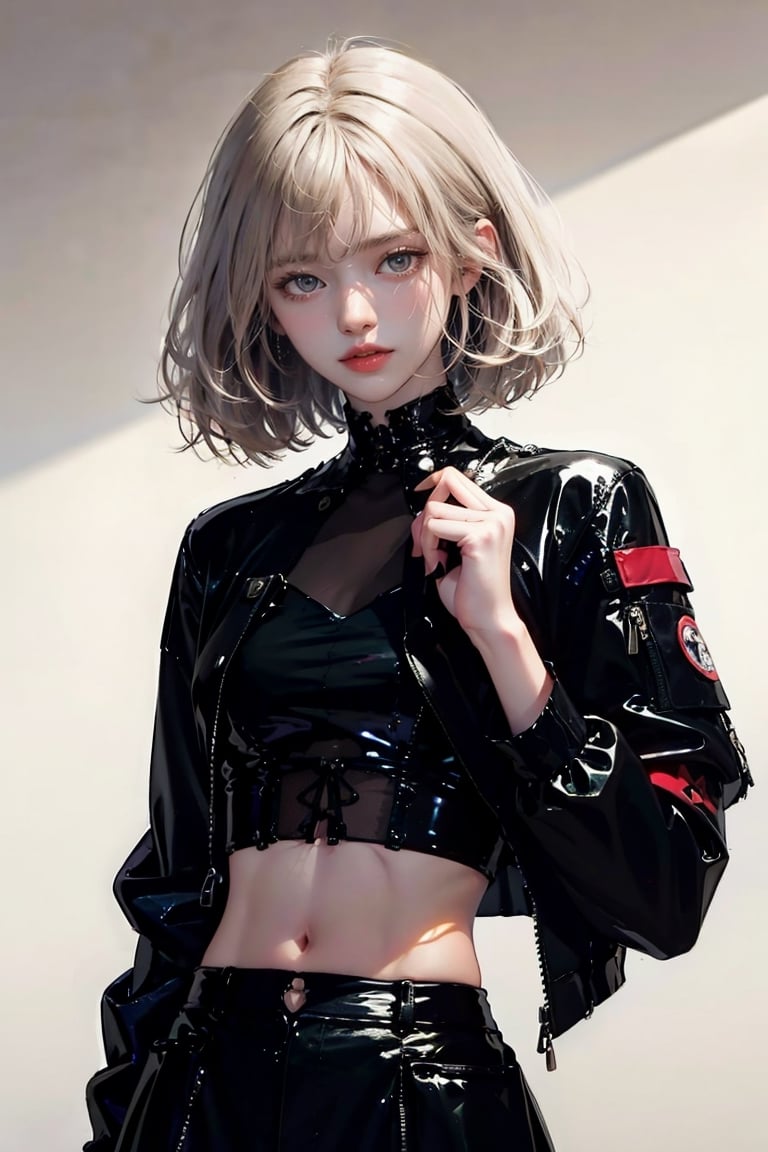 (masterpiece, best quality),1lady,solo,leggings,cropped top,jacket,platinum blonde,bob cut,cowboy shot,black eyes,