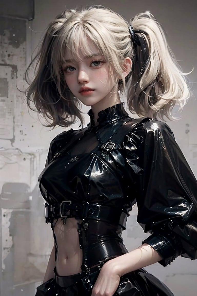 (masterpiece, best quality),1lady,solo,leggings,cropped top,platinum blonde,twintails,portrait,black eyes,SharpEyess,