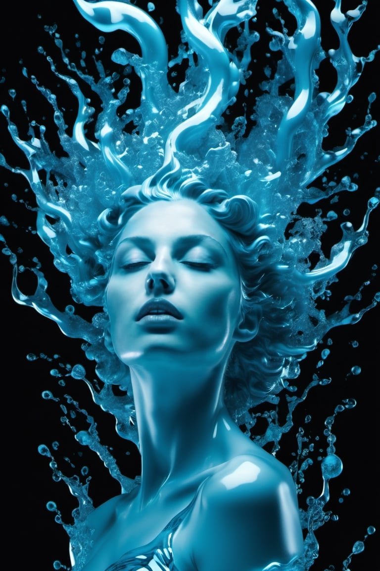 Digital art, by IrinaKapi. Masterpiece, splash, a girl created from blue topaz like a statue, themed blue topaz, curly, full portrait, starlight gas atmosphere background, ethereal, luminous, filigree, liquid, translucency aura, slight glow, ultra details. Alberto Seveso,Leonardo Style,dripping paint,photo r3al