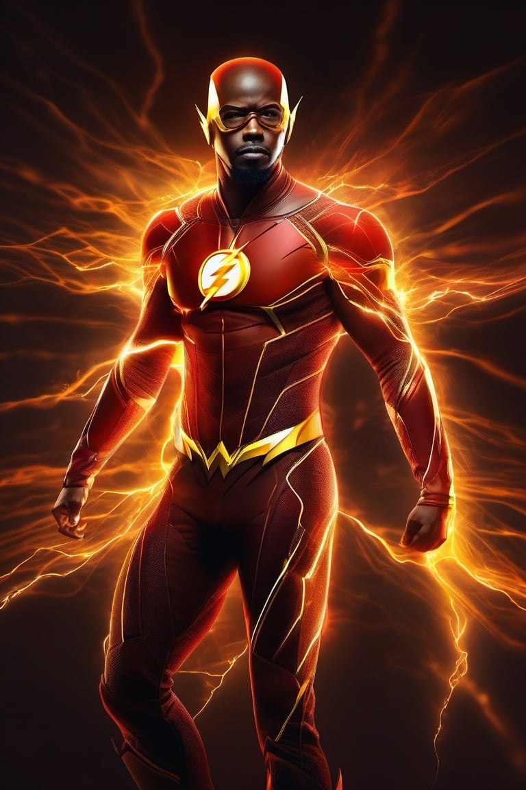 A black man, a beautiful full body translucent The Flash, bright color, points of internal light all over the body, amber style light, complex illustration, Mysterious