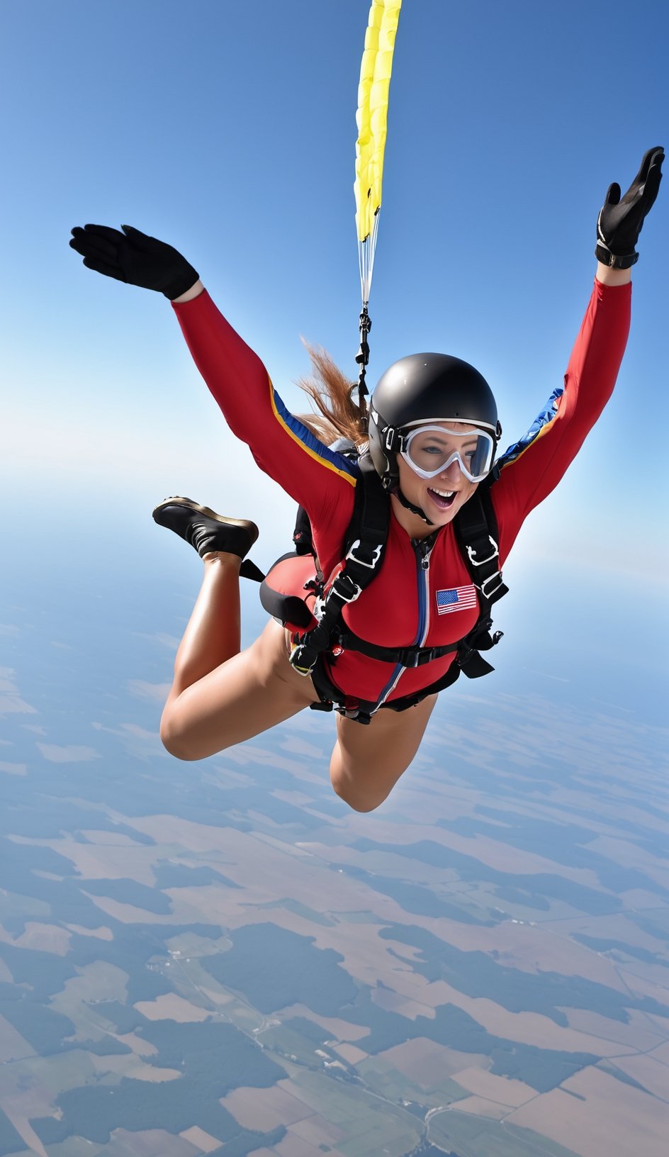 Generate an amazing photo of a nuce beautiful skydiver falling down in the air, (((naked at all))), big breasts, parachute bag, good nipples, wide hips, good tits, wide hip, cute pussy, hair pubic, goggles, highly detailed, perfect body, good legs, detailed face, realistic detailed hair, 8k resolution, ((nude, nude, nude)), masterpiece,photo r3al