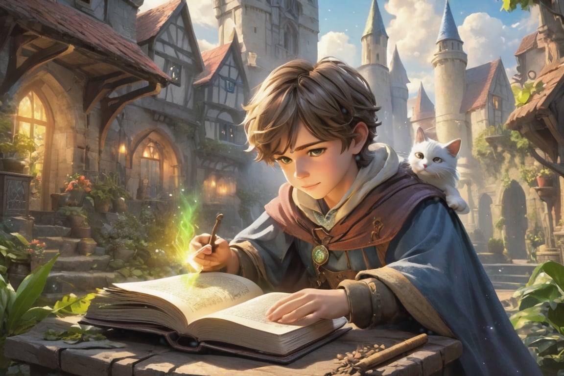 (a young boy in magic fantasy world), (ultra detailed wizard outfit), (beautifully drawn face:1.2), (arcane) symbols, (potions), plants, (a small cat pet), (magic) dust, spell book, reading book, (a view of complex ultra detailed medieval fantasy city:1.2), (epic high fantasy:1.4), (outdoors:1.2), (Ancient artifacts:1.2), (Legendary weapons), (a small wooden toy), (intricate details:1.4), colorful details, iridescent colors, ((masterpiece, best quality)), 4k, ultra detailed, solo, detailed lighting, inspired by Hayao Miyazaki, official art, promotional art, composition, High Detail, dramatic ( very detailed background, detailed face, detailed complex busy background : 0.8 ) , 
