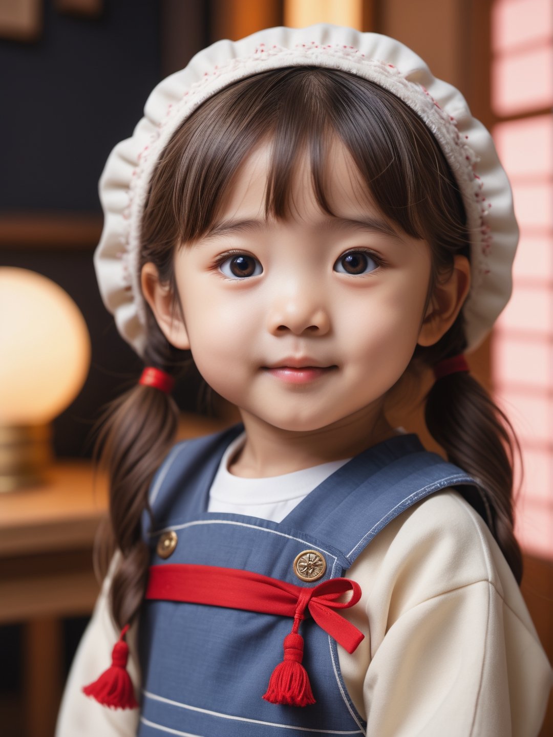 photo r3al, sfw, masterpiece, best quality, extremely detailed, 8k, realistic, japanese little girl, detailed eyes, realistic eyes, cute, (((closed mouth, closeup))), kawaii room, professional photography, natural face, warm lighting, upper body, smirking, standing, bright lighting, kawaii clothes, dimples