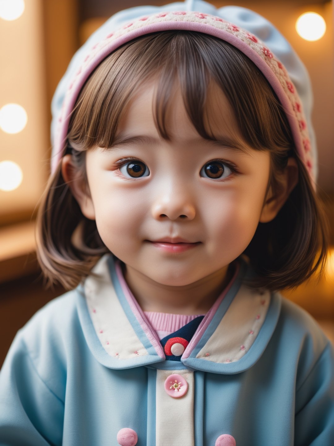 photo r3al, sfw, masterpiece, best quality, extremely detailed, 8k, realistic, japanese little girl, detailed eyes, realistic eyes, cute, (((closed mouth, closeup))), kawaii room, professional photography, natural face, warm lighting, upper body, smirking, standing, bright lighting, kawaii clothes, dimples