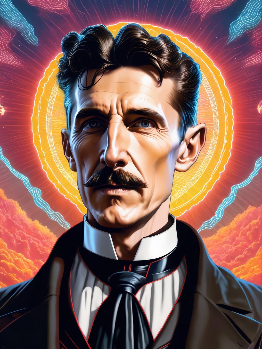 Nikola Tesla holding sun, artwork, Leonardo Style, Bold, Digital Painting, Edgy, Colorful, 8K UHD, Intricate Details, happy lighting, hyper-realistic details, with digital painting techniques, trending on Artstation, cinematic lighting, realistic hair, detailed hair, (upper body), vaporwave, bright lighting, aestethic, energy belts effect, smooth face