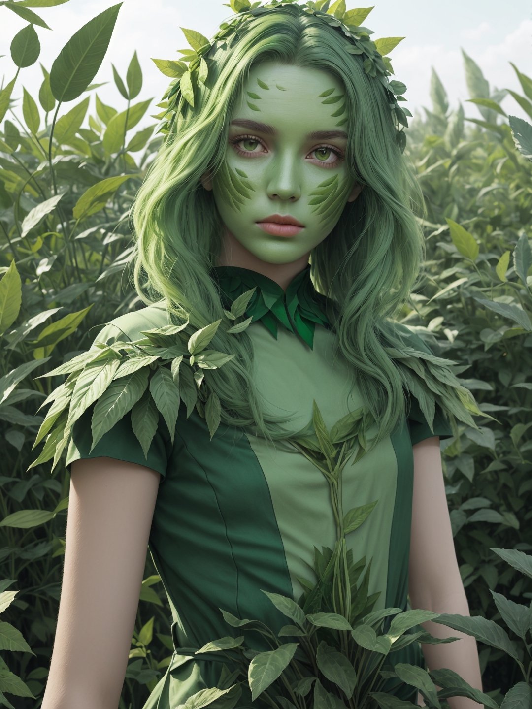 best quality, ultra detailed, ultra realistic, upper body, photo of plant woman of plants and leaves, (((green skin))), (((green body))), dress made of plants and leaves, green hair of plants and grass, outdoors, garden, daylight, 