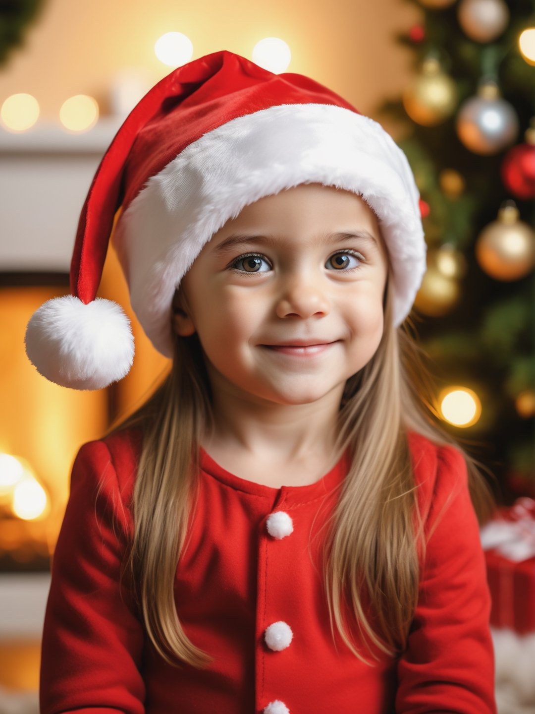 photo r3al, masterpiece, best quality, extremely detailed, 8k, realistic, little girl, detailed eyes, realistic eyes, cute, (((closed mouth, closeup, closed eyes))), living room, professional photography, natural face, warm lighting, upper body, smile, santa hat, standing, bright lighting, christmas_clothes 