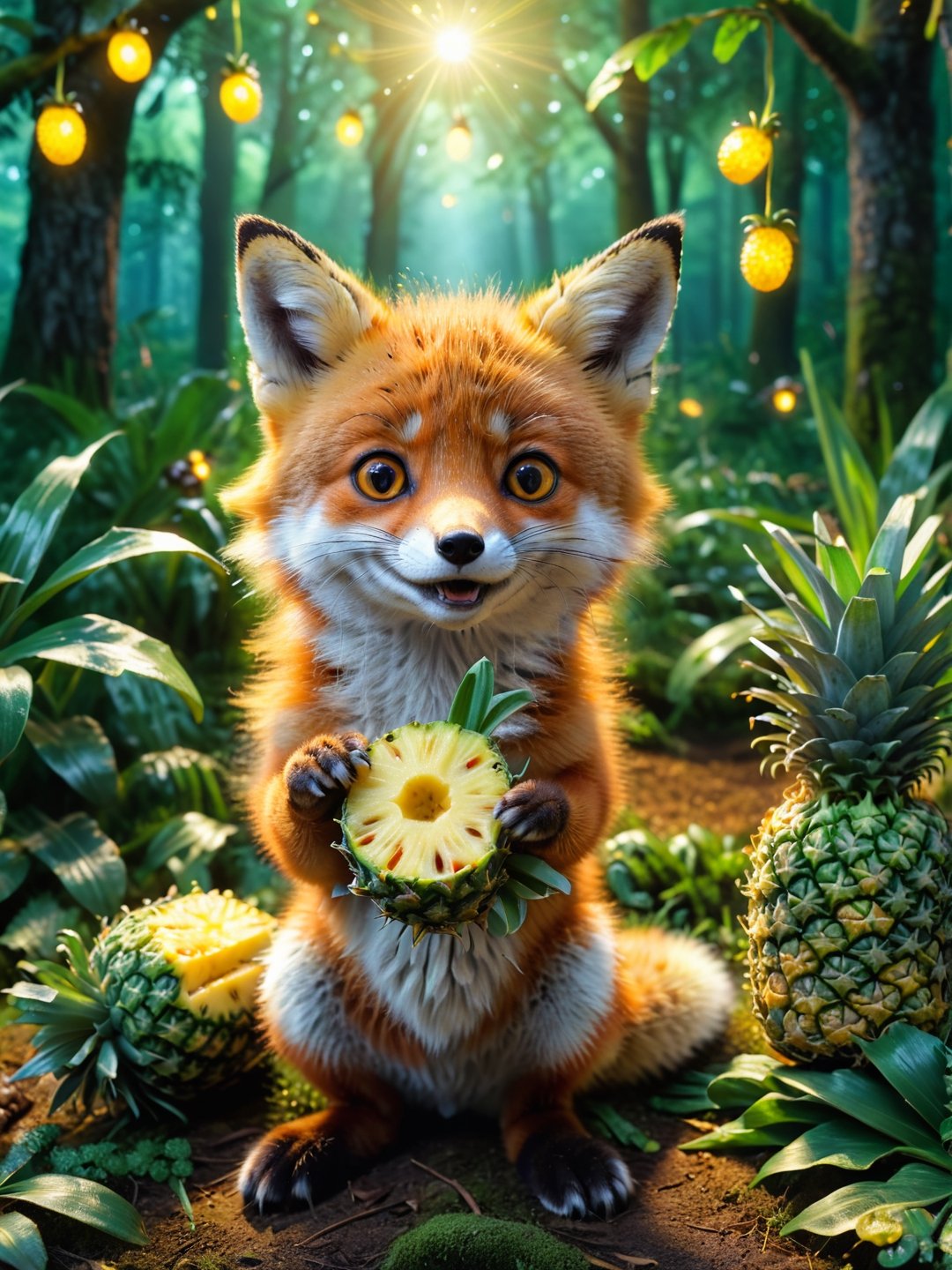 ultra realistic, best quality, cinematic, ultra detailed picture of beautiful cute friendly fox eating pineapple in an enchanted forest landscape, sharp focus, work of art and beauty, fireflies, magic lights, 8k UHD, more detail XL