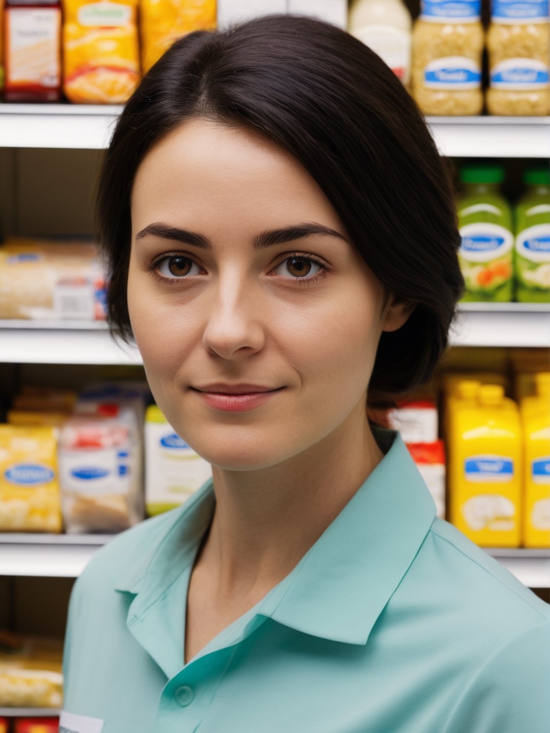 photo r3al, photorealistic, masterpiece, hyperdetailed photography, grocery store saleswoman, pharmacist, best quality, 8k, ultra quality, ultra detailed, closed mouth, soft bright lighting, looking_at_viewer, facing viewer, front_view, grocery store cash register, pretty, 30 years old, black hair, smirking, (((closed mouth, closeup))), shy