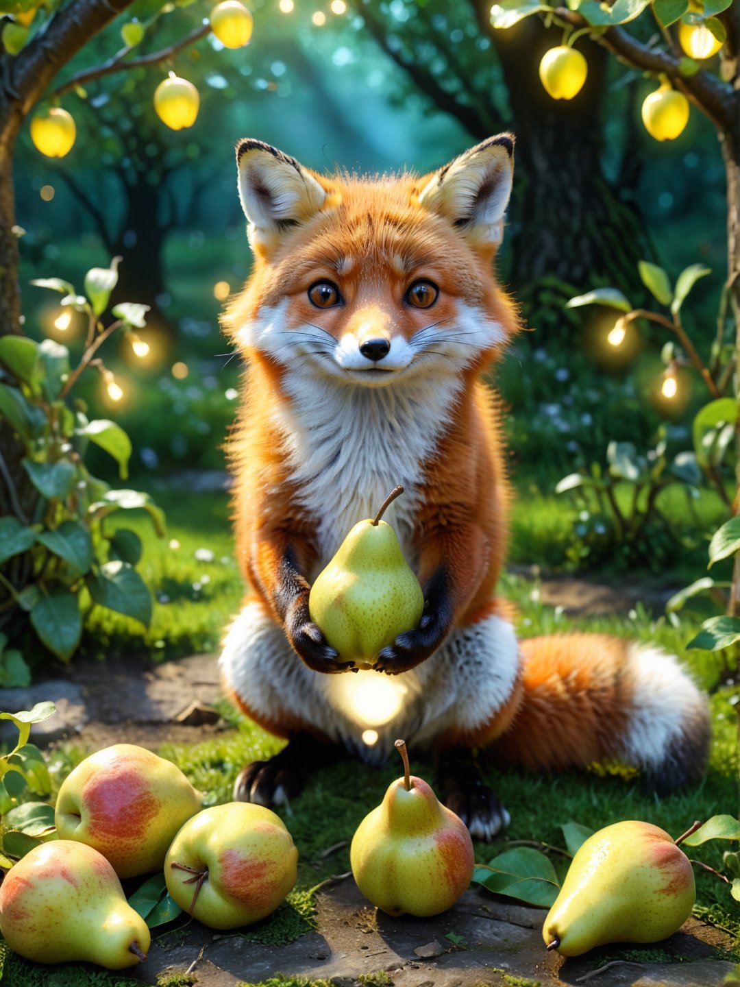 ultra realistic, best quality, cinematic, ultra detailed picture of beautiful cute friendly fox eating pears in an enchanted garden landscape, sharp focus, work of art and beauty, magic lights, 8k UHD, more detail XL, 