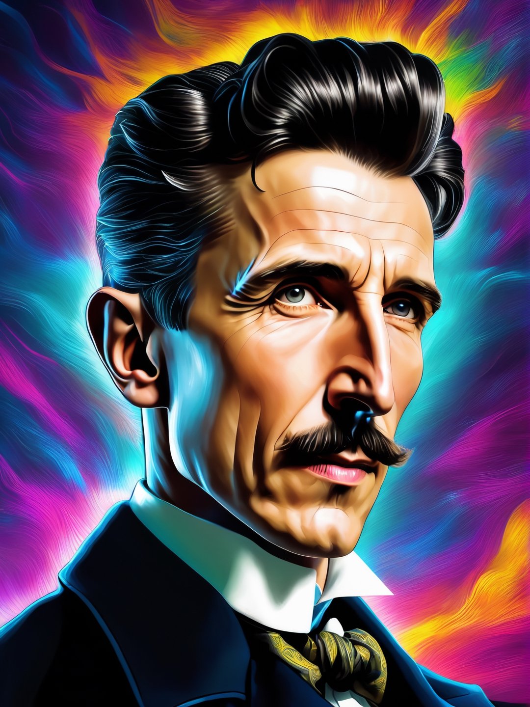 Nikola Tesla portrait, Leonardo Style, Bold, Digital Painting, Edgy, Colorful, 8K UHD, Intricate Details, happy lighting, hyper-realistic details, with digital painting techniques, trending on Artstation, cinematic lighting, realistic hair, detailed hair, (upper body), vaporwave, bright lighting, aestethic, add some electricity effect