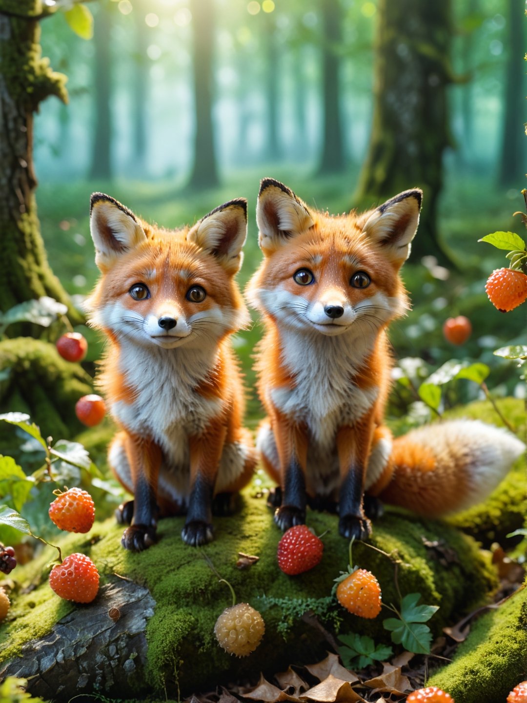 ultra realistic, best quality, cinematic, ultra detailed picture of beautiful cute friendly fox earing fruits in an enchanted forest landscape, sharp focus, work of art and beauty, 8k UHD, more detail XL