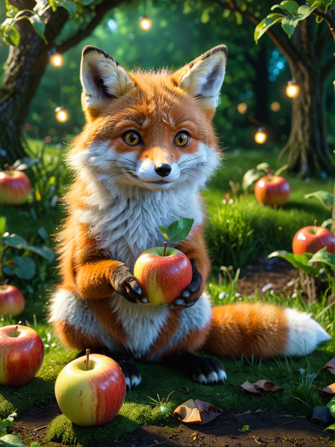 ultra realistic, best quality, cinematic, ultra detailed picture of beautiful cute friendly fox eating apples in an enchanted garden landscape, sharp focus, work of art and beauty, magic lights, 8k UHD, more detail XL, grass mower in the background