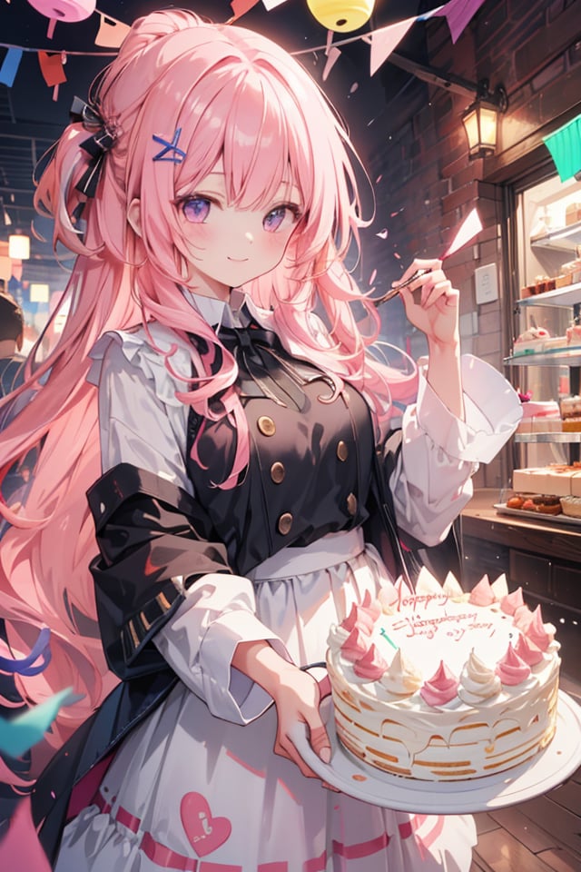 (masterpiece, best quality, high quality, ultra detailed, extremely detailed, wallpaper, 8K), 1girl, soft light, (streamers, colorful, party:1.21), smile, warm, (big cake:1.21), 1st anniversary, joyful, pink hair 