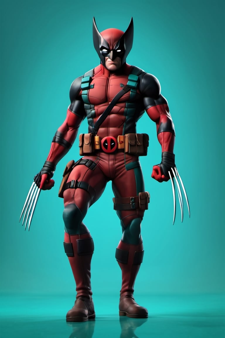 figure of Wolverine, Deadpool, head, legs, feet, teal dimentional background, high-res