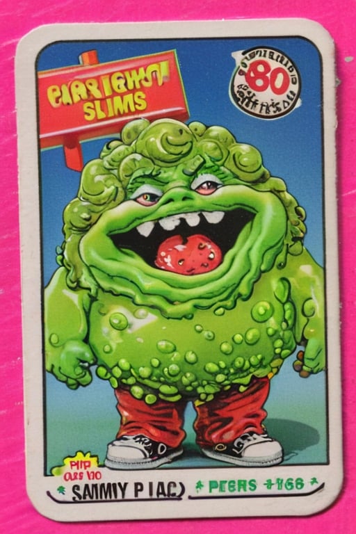 Sammy Slime,Trading sticker card, old card sticker, '80 style, series of sticker trading cards produced by the Topps Company, originally released in 1985 and designed to parody the Cabbage Patch Kids dolls, card of a Garbage pail kids, Capture a joyful and creative expression, old hot blur image, text title, very puffy face and body, '80s Garbage Pail Kids-style trading card featuring Sammy Slime, a fat boy oozing green slime from every pocket of his oversized, grungy overalls. His hair stands on end, stiffened by slime, and he sports a mischievous grin as he slings slime balls at unsuspecting passersby,APEX colourful ,3d toon style,claymation