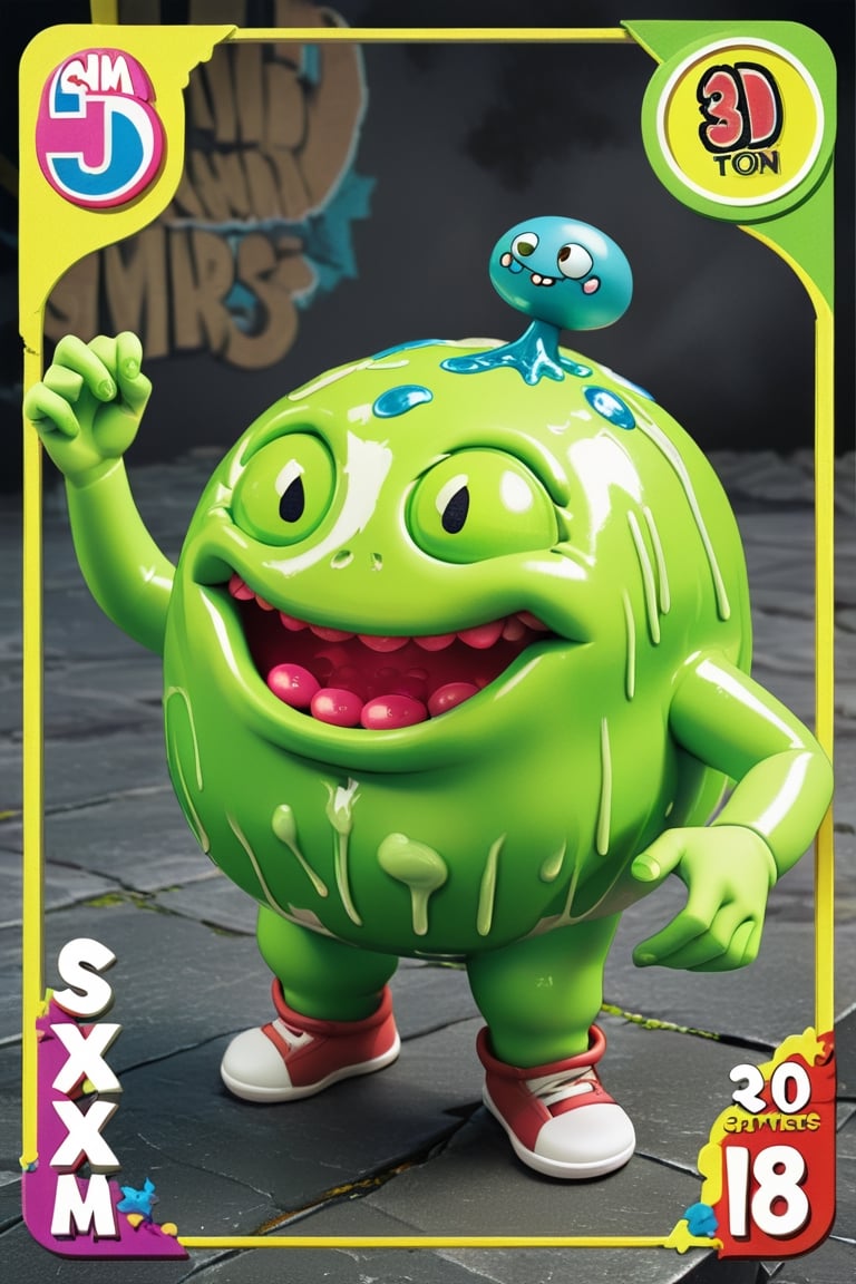 Sammy Slime, Create an '80s Garbage Pail Kids-style trading card featuring Sammy Slime, a fat boy oozing green slime from every pocket of his oversized, grungy overalls. His hair stands on end, stiffened by slime, and he sports a mischievous grin as he slings slime balls at unsuspecting passersby,APEX colourful ,3d toon style,claymation