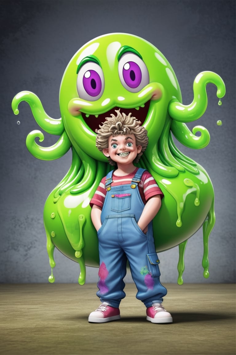 Sammy Slime, Create an '80s Garbage Pail Kids-style trading card featuring Sammy Slime, a boy oozing green slime from every pocket of his oversized, grungy overalls. His hair stands on end, stiffened by slime, and he sports a mischievous grin as he slings slime balls at unsuspecting passersby,APEX colourful ,3d toon style