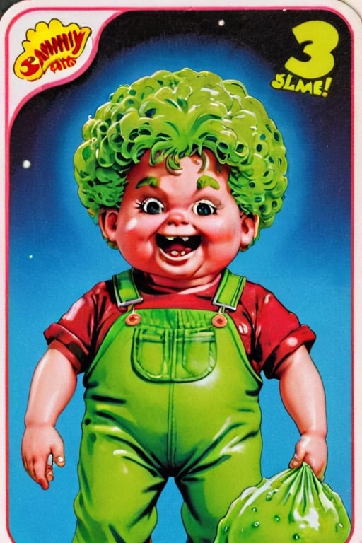 Sammy Slime,Trading sticker card, old card sticker, vintage ruined '80 style, series of sticker trading cards produced by the Topps Company, originally released in 1985 and designed to parody the Cabbage Patch Kids dolls, card of a Garbage pail kids, Capture a joyful and creative expression, old hot blur image, text title, very puffy face and body, '80s Garbage Pail Kids-style trading card featuring Sammy Slime, a fat boy oozing green slime from every pocket of his oversized, grungy overalls. His hair stands on end, stiffened by slime, and he sports a mischievous grin as he slings slime balls at unsuspecting passersby,APEX colourful ,3d toon style,claymation,photorealistic