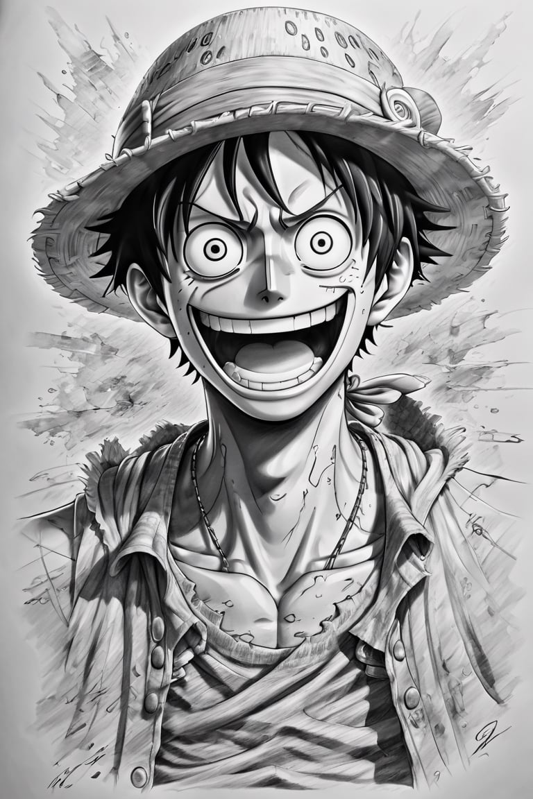a highly detailed beautiful portrait of Luffy from one piece series, sketch, cinematic light, ,(Pencil_Sketch:1.2, full_body, messy lines, greyscale, traditional media
