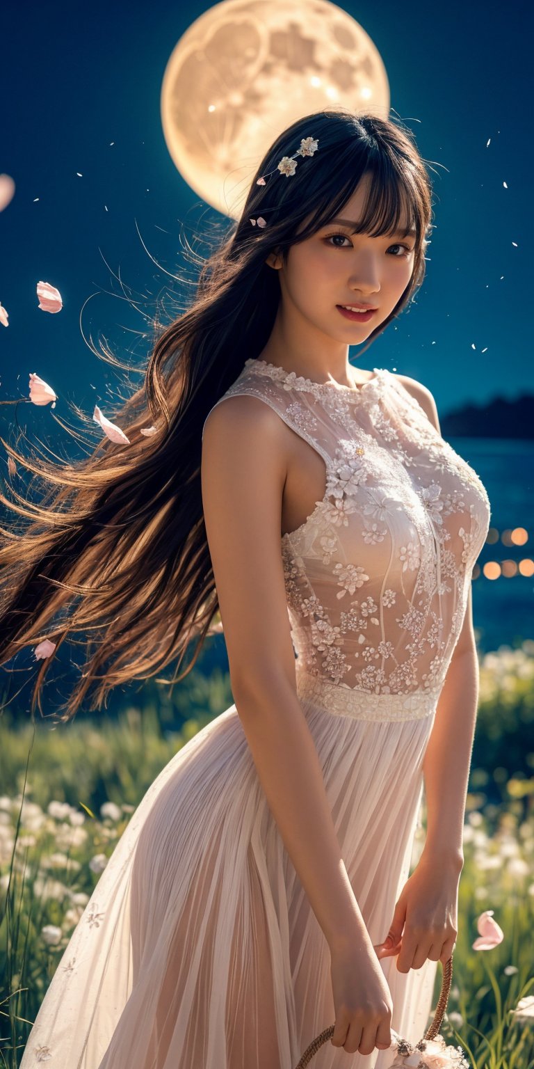 masterpiece, best quality, 1girl, (colorful),(finely detailed beautiful eyes and detailed face),light pink hair, White lace dress, brown eyes,plaits hairstyle,cinematic lighting,bust shot,extremely detailed CG unity 8k wallpaper,white hair,solo,smile,intricate skirt,((flying petal)),(Flowery meadow) sky, cloudy_sky, building, moonlight, moon, night, (dark theme:1.3), light, fantasy,jisoo,1 girl,Asia,Woman ,z1l4,enhanc3d,beaded flower decoration,leonardo,DonM0ccul7Ru57,beaded flower,firefliesfireflies,Beautiful outdoor,wonder of beauty