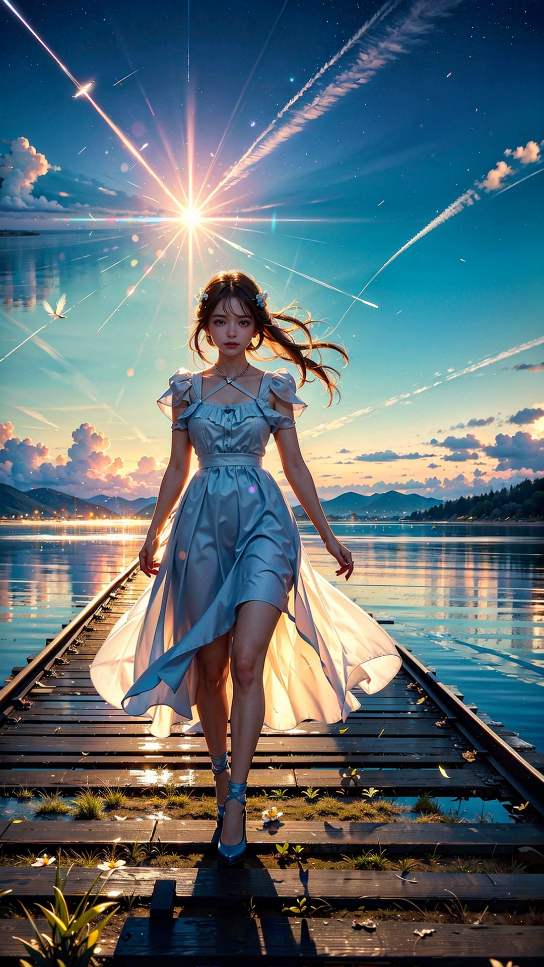 (masterpiece:1.2, best quality:1.2), (ultra detailed), (realistic), beautiful, high quality, highres:1.1, aesthetic), a girl walking on a ((railroad track)), arms open and smiling, The railroad track is on the water, with the  horizon in the distance, There is no land, The sky is reflected water's surface, She wearing a white summer dress, white thunderclouds floating deep blue sky, lens flare, ray tracing, photo quality, high contrast summer scene,	 SILHOUETTE LIGHT PARTICLES