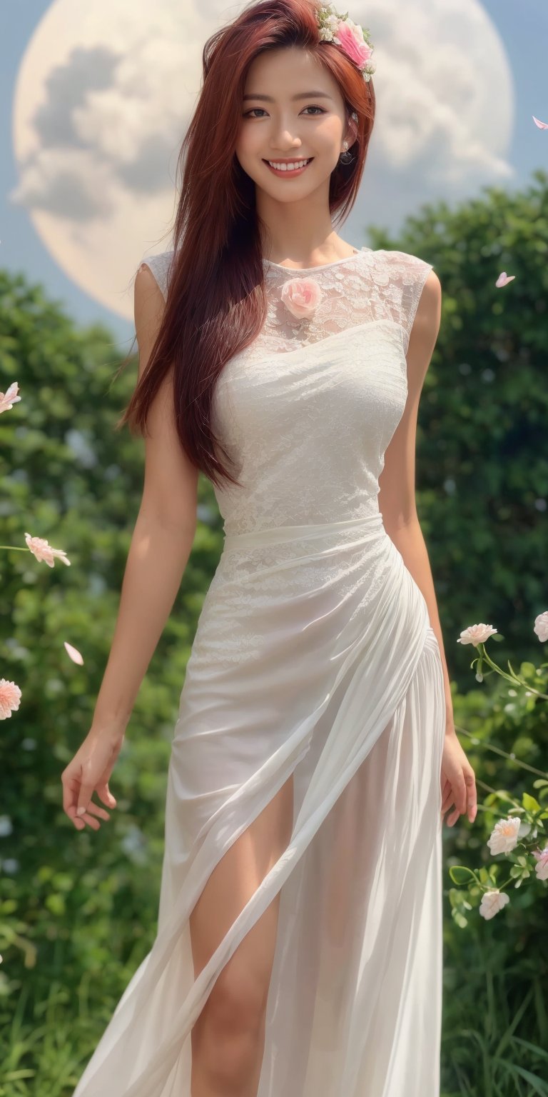 masterpiece, best quality, 1girl, (colorful),(finely detailed beautiful eyes and detailed face),light pink hair, White lace dress, brown eyes,plaits hairstyle,cinematic lighting,bust shot,extremely detailed CG unity 8k wallpaper,white hair,solo,smile,intricate skirt,((flying petal)),(Flowery meadow) sky, cloudy_sky, building, moonlight, moon, night, (dark theme:1.3), light, fantasy,jisoo,1 girl,Asia,Woman ,z1l4,enhanc3d,beaded flower decoration,leonardo,DonM0ccul7Ru57,beaded flower,firefliesfireflies,Beautiful outdoor,wonder of beauty