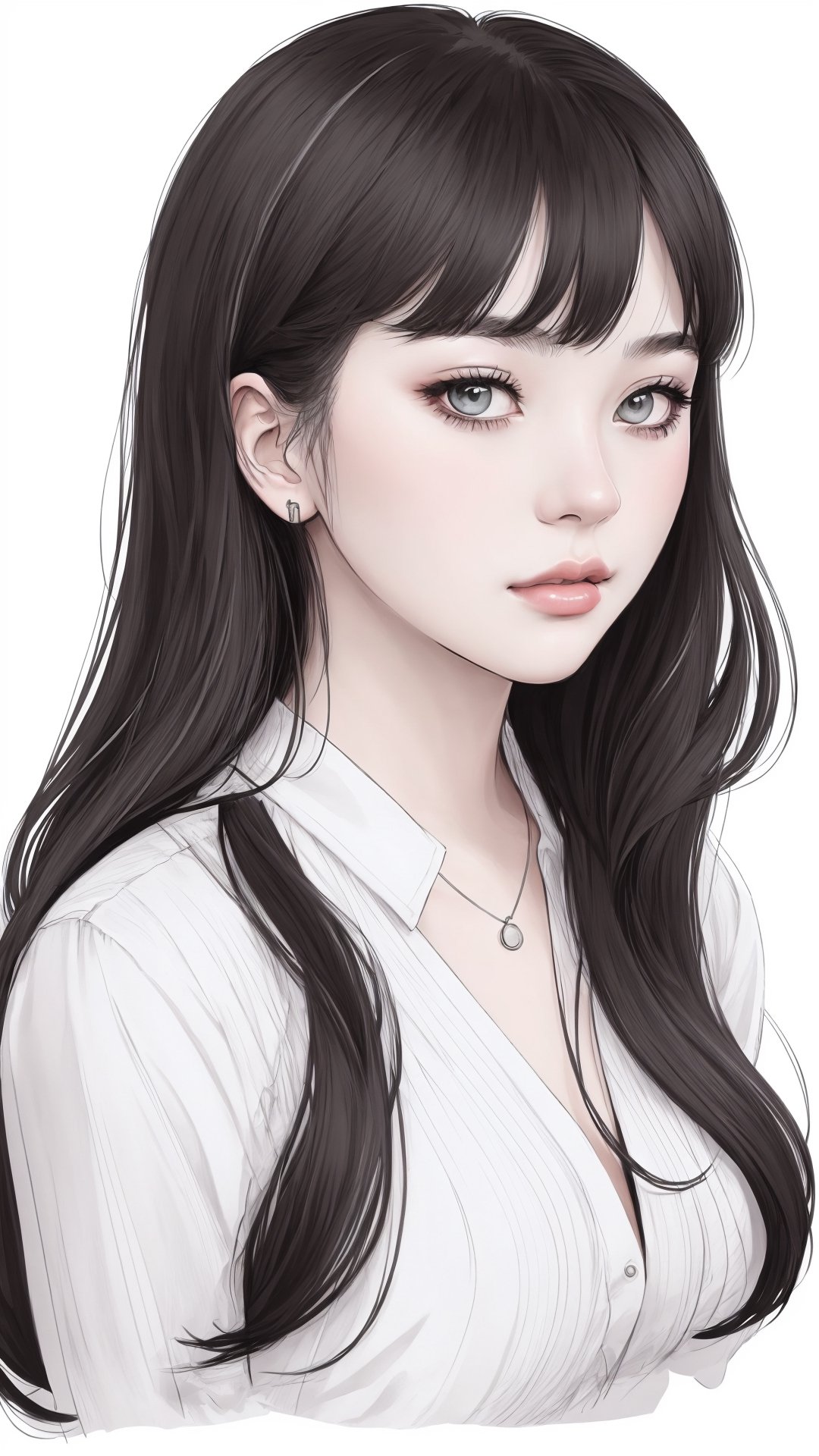 Woman, b/w outline art, Bangs, Straight long hair, full white, white background, coloring style, Sketch style, Sketch drawing,JeeSoo 