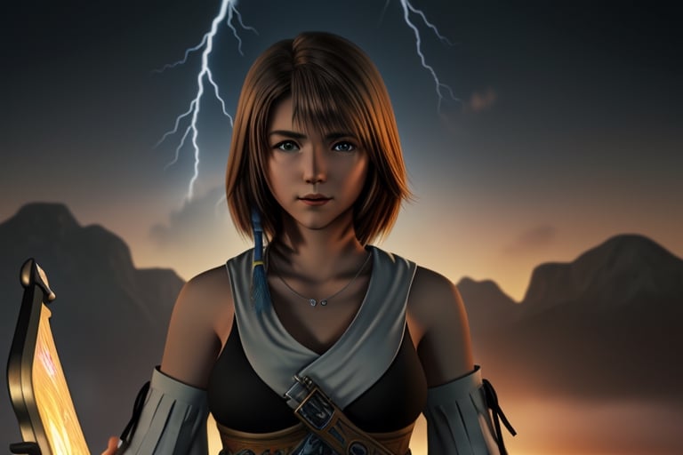 Glamor shot,  medium close up, Final fantasy 10, Yuna, one blue eye one green eye Heterochromia(1.5) brown straight shoulder length hair, holding a summoners staff(1.2) , lightning striking the ground in several places under a dark cloudy sky at night HDR,  hyper-real Lighting,  Photo-realistic,  extreme detailed, 16k resolution 64 megapixels,  wide-angle lens, ultra-realistic  wind effects, ,YunaFFX