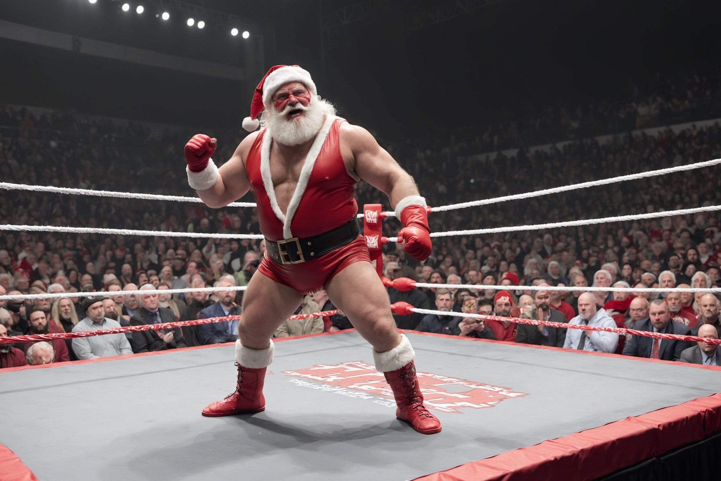  Santa Claus stepping into the wrestling ring, ready to throw down in a festive, high-energy match,Dressed in a uniquely designed wrestling costume, Santa exudes strength and charisma as he faces off against an equally enthusiastic opponent. The crowd cheers in anticipation, witnessing the epic collision of holiday cheer and powerful wrestling moves in this one-of-a-kind Christmas showdown,Sign with ECW written on it,