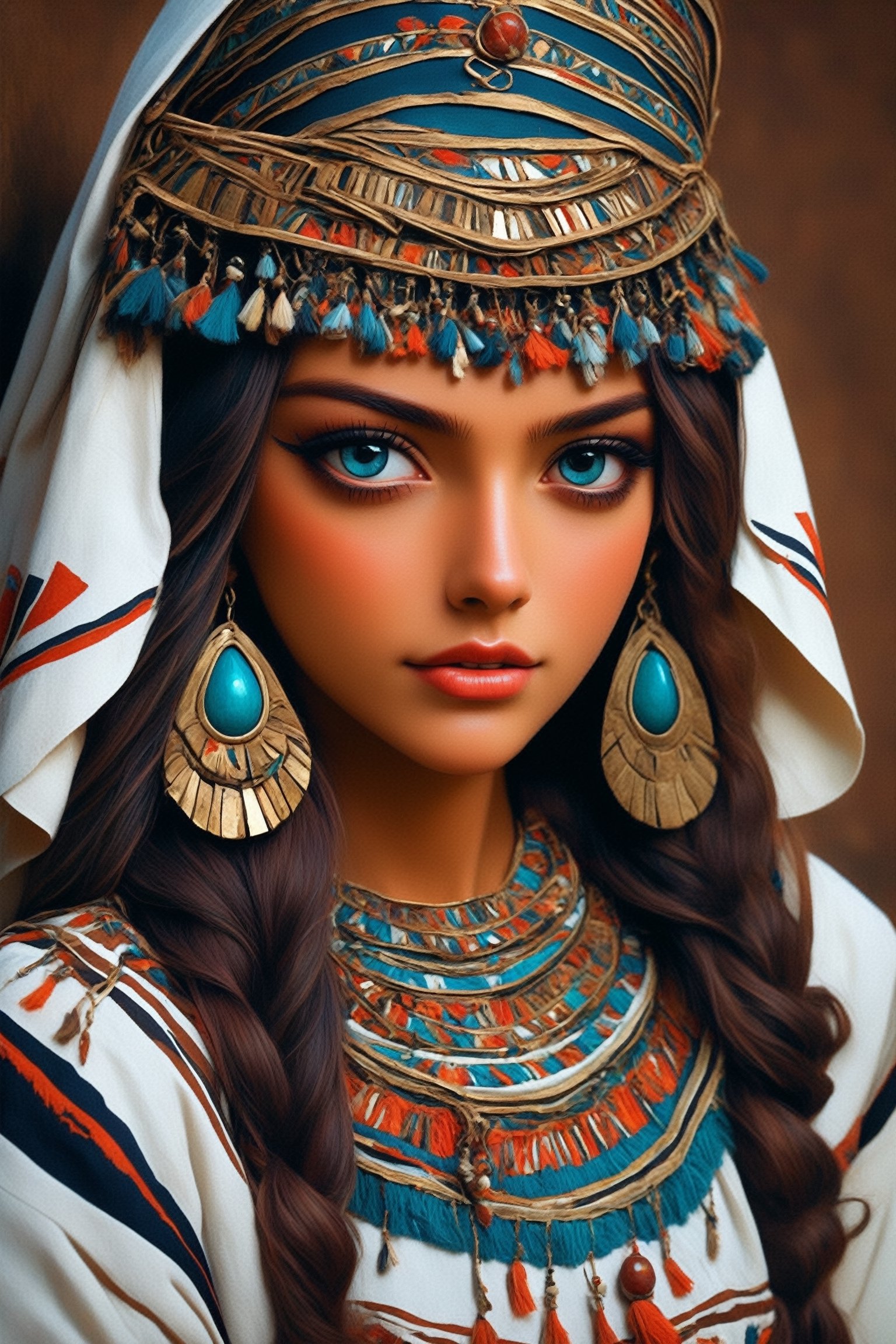 beautiful slavic woman, wearing the Bulgarian folk costume 'Nociya, ' creatively arranged with an Egyptian twist, Envision the fusion of Bulgarian and Egyptian elements, incorporating traditional patterns and embellishments from both cultures. Picture the woman in the intricately designed 'Nociya' attire, adorned with Egyptian-inspired accessories, creating a harmonious blend of cultural aesthetics, 」Ensure a visually stunning Bulgarian folk costume with Egyptian, crafted details, ,mad-marbled-paper,lis4,cutegirlmix