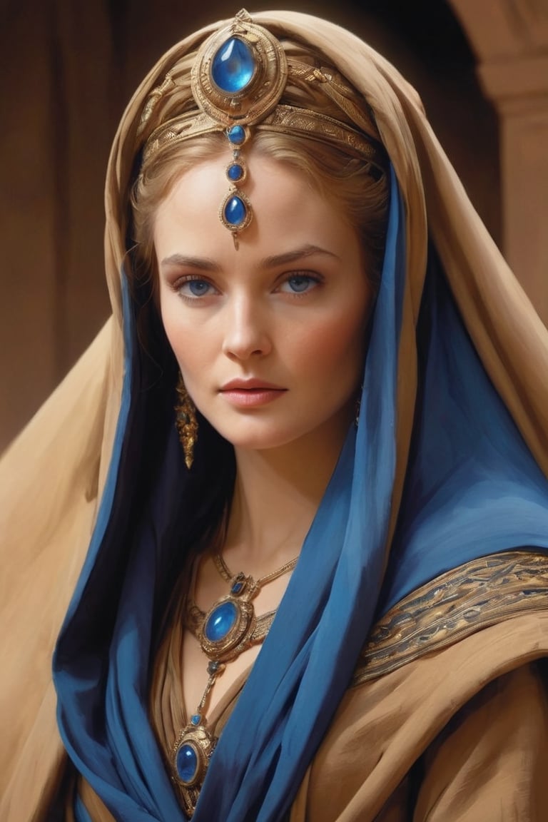 Lady Jessica, a prominent character in "Dune," is depicted as a commanding figure draped in a flowing robe that cascades from her head. Her attire, a symbol of her status and authority, billows around her as she moves, creating an aura of grace and elegance.Her piercing blue eyes, a striking contrast against her dark robes, captivate those who meet her gaze. Behind their beauty lies a depth of wisdom and determination, reflecting her inner strength and resolve.