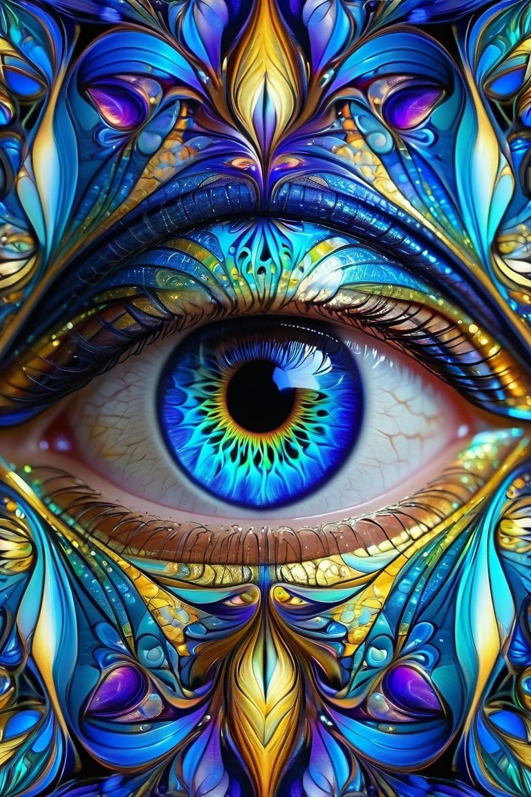 Eyes, Fractal iris,fantasy beauty, biochemiluminescence iris, art nouveau, bright colors, kaleidoscope and prism effects, 
abstract art,psychedelia theme,calligraphy patterns, artistic lettering, beautiful scripts, penmanship, visual poetry, cultural,Realistic Blue Eyes,DonMM3l4nch0l1cP5ych0XL