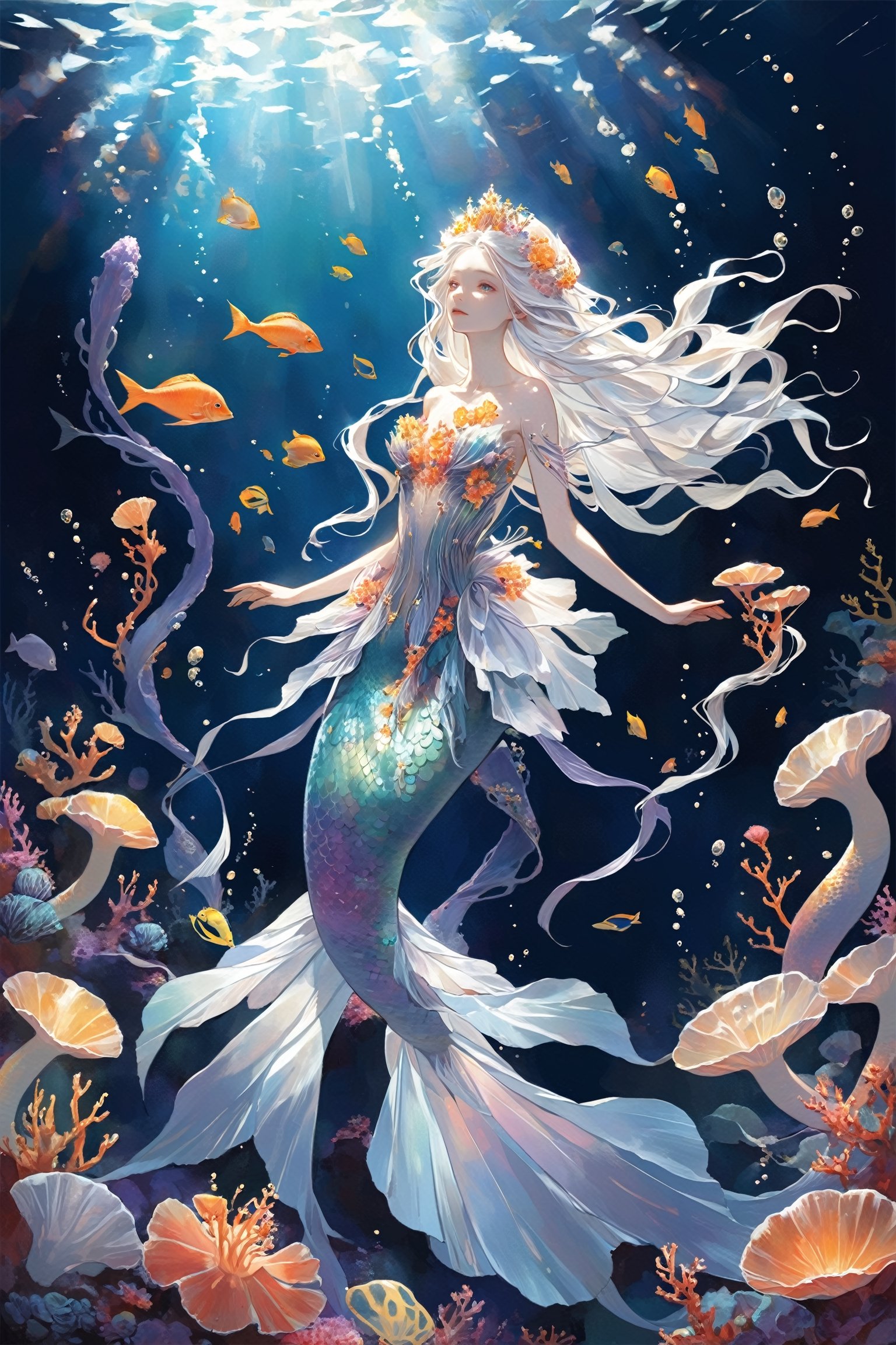 1 girl,In the depths of the ocean, a delicate and ethereal albino mermaid glides gracefully through the azure waters. Her translucent fins shimmer with iridescence as she navigates through a forest of sea anemones, their vibrant tentacles swaying like blossoms in the gentle current. Despite her otherworldly beauty, there's a sense of melancholy about her, as if she's forever searching for something just beyond her reach in the endless expanse of the sea.,underwater,ct-niji2,Flower queen