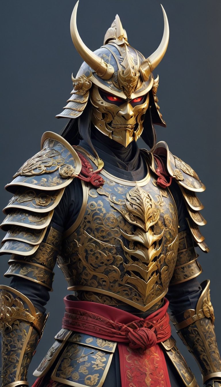  full Armor samurai, stands clad in intricately crafted traditional armor,golden accents,red demon mask, meticulously designed with expressive features,horn helmet, elaborate gold,traditional japanese art,ani_booster,armour wars 