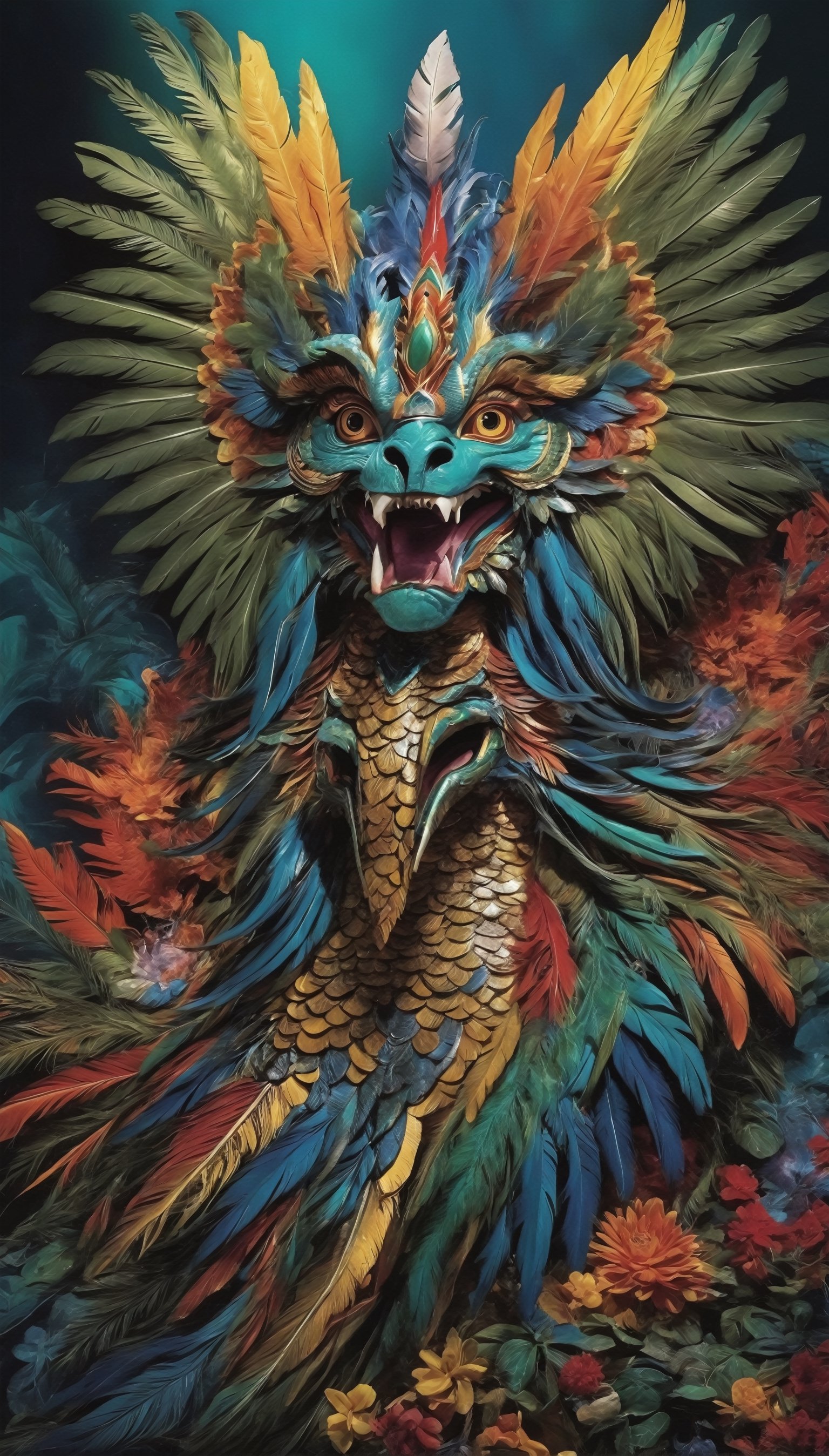  Kukulkan, the feathered serpent god of Mayan mythology, depicted in all his majestic splendor. With a body adorned in vibrant feathers and scales, he embodies the duality of serpentine grace and avian beauty. His form twists and undulates with hypnotic fluidity, commanding the reverence of all who behold him. As he moves, his feathers shimmer in the sunlight, casting a mesmerizing aura around him. With each beat of his wings, he symbolizes the eternal cycle of life, death, and rebirth, embodying the power and wisdom of the Mayan pantheon,ct-drago,ani_booster