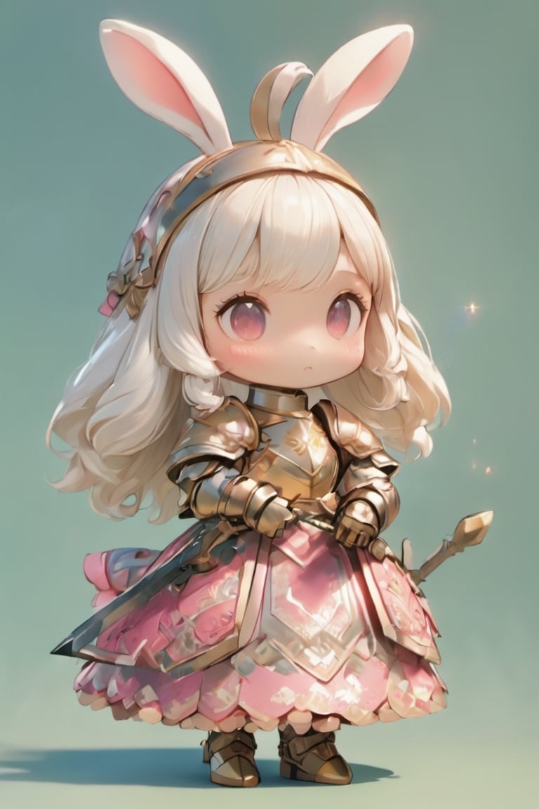 3D Figure,cute little brave  bunny,bunny ear,(rabbit nose:1.4), >_<,sparkling cute eyes,pink loli armored dress, weapon holding,Beautiful embroidered dress,kawaii knight,close up,3d figure,chibi