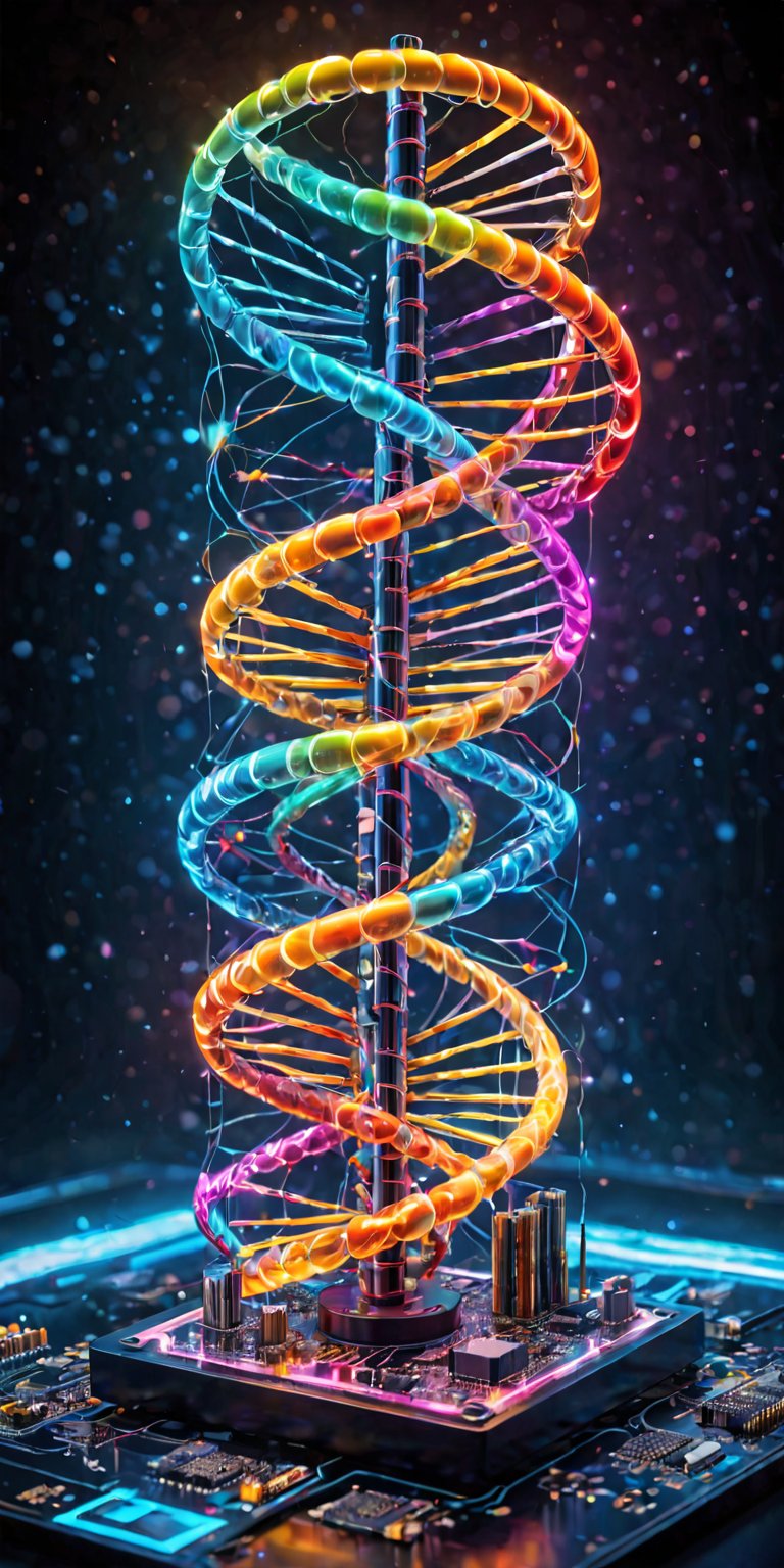 "A DNA helix represented by electronic components and circuit boards, depicted with fluid and beautiful colors. The double helix structure is crafted from tiny resistors, capacitors, and microchips, intricately arranged along the twisted pathways of circuit traces. The entire assembly is bathed in a spectrum of vibrant colors, blending seamlessly from one hue to another, creating a dynamic and visually stunning effect. The background features a fluid, wave-like design, adding to the sense of motion and life, while the reflective surfaces of the electronic components catch and scatter light, enhancing the overall aesthetic with a touch of technological elegance.",ULTIMATE LOGO MAKER [XL],glowneon