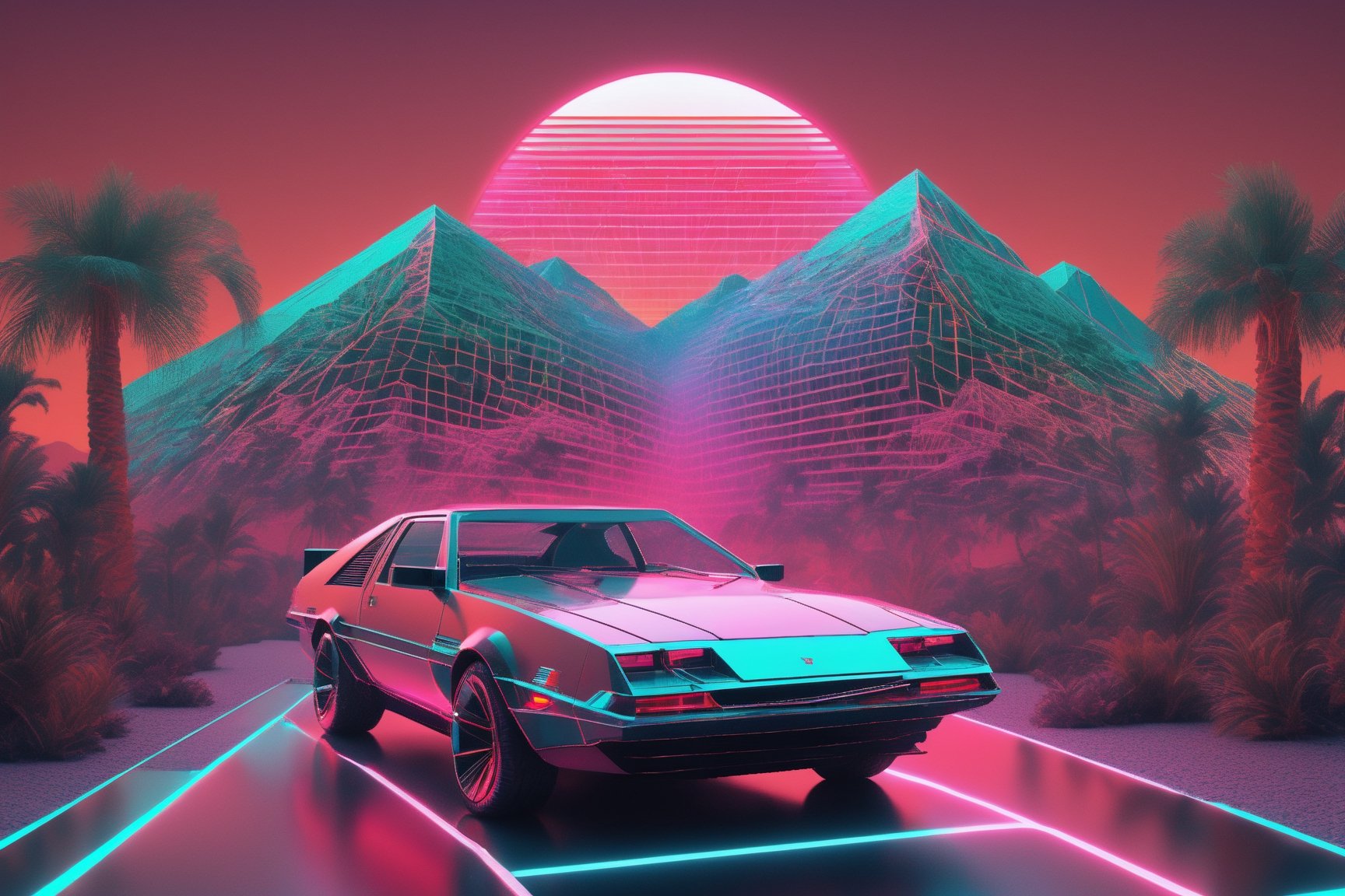 (Vaporwave),
1980's wireframe Retro CG style,Logic hologram wireframe World,
(wireframe hologram Mountain),(hologram wire framered Rising sun),hologram Palm tree,hologram muscle car,
,3D Mesh,3D mesh digital Matrix,Clear Glass Skin,GLASS,Matrix code,Amidst the dynamic world of 3D design,retropunk style