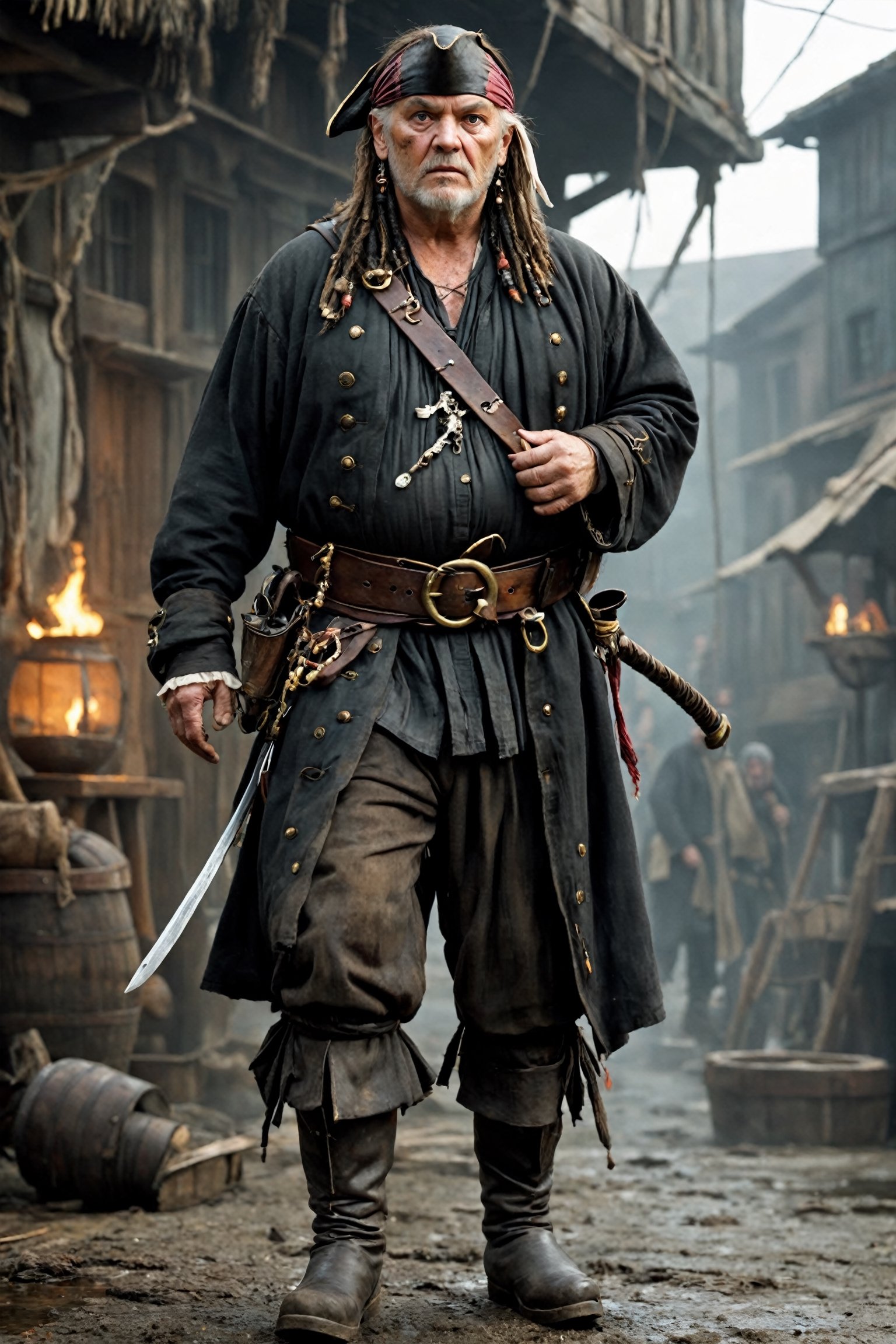 Ultra realistic,ugly old male pirate,low-ranking pirate,
black eyeliner, dirty coat,(fat),(bandana hood:1.2),baggy trousers,gun belt, knee-length boots,Leonardo, Movie Still