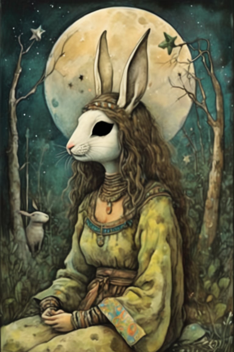 fairy tale illustrations,Simple minimum art, 
myths of another world,Perfect sky, moon and shooting stars,moon on face,
pagan style graffiti art, aesthetic, sepia, ancient Russia,(holy bard),
A female shaman,(wearing a rabbit-faced mask),nodf_xl, in the style of esao andrews,rabbit kissing sheep,
watercolor \(medium\),jewel pet,acidzlime