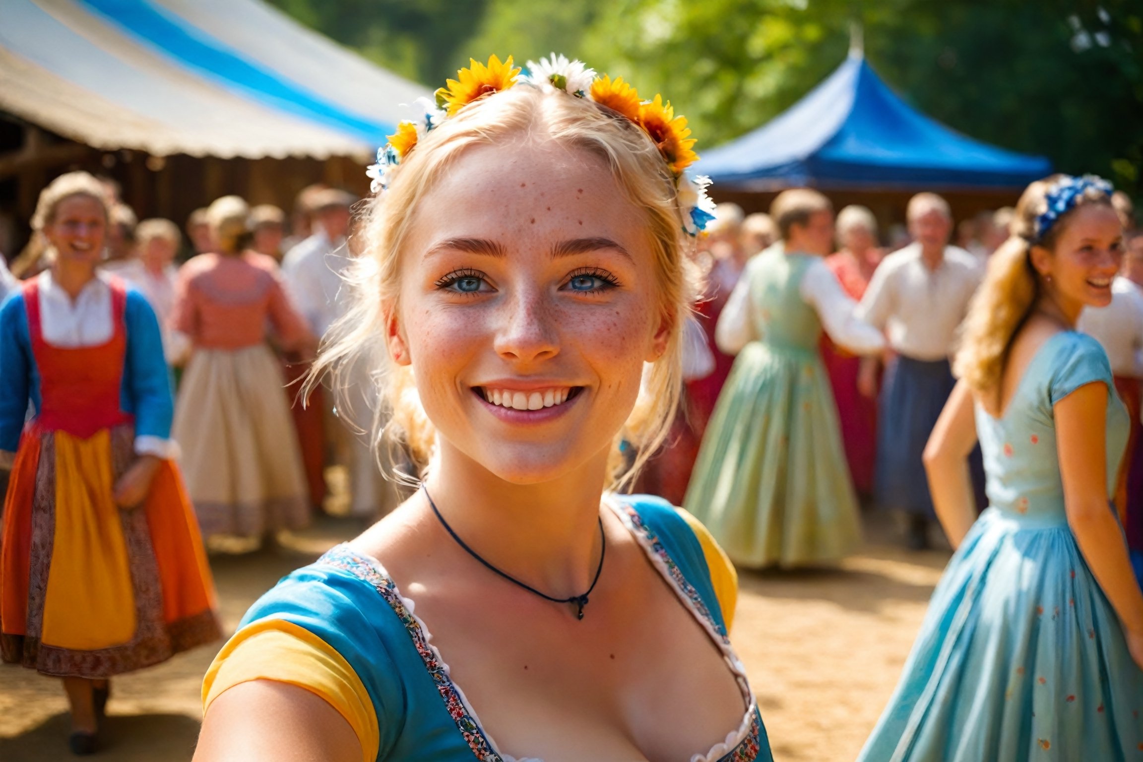 A photograph of a 25-year-old blonde female with a warm, joyful face full of freckles and big blue eyes that are looking directly at the viewer. She is captured in mid-dance, wearing a traditional folklore dress during a village festival on a sunny day. The image is taken from the point of view of a man dancing with her, giving the impression that the viewer is her dance partner. Sun rays are filtering through the scene, created with ray tracing to give a lifelike effect of sunlight. The environment is festive and colorful, with the background slightly blurred to focus on her expressive face and the details of her dress. The lighting is natural and bright, enhancing the cheerful atmosphere.,360 View,18thcentury