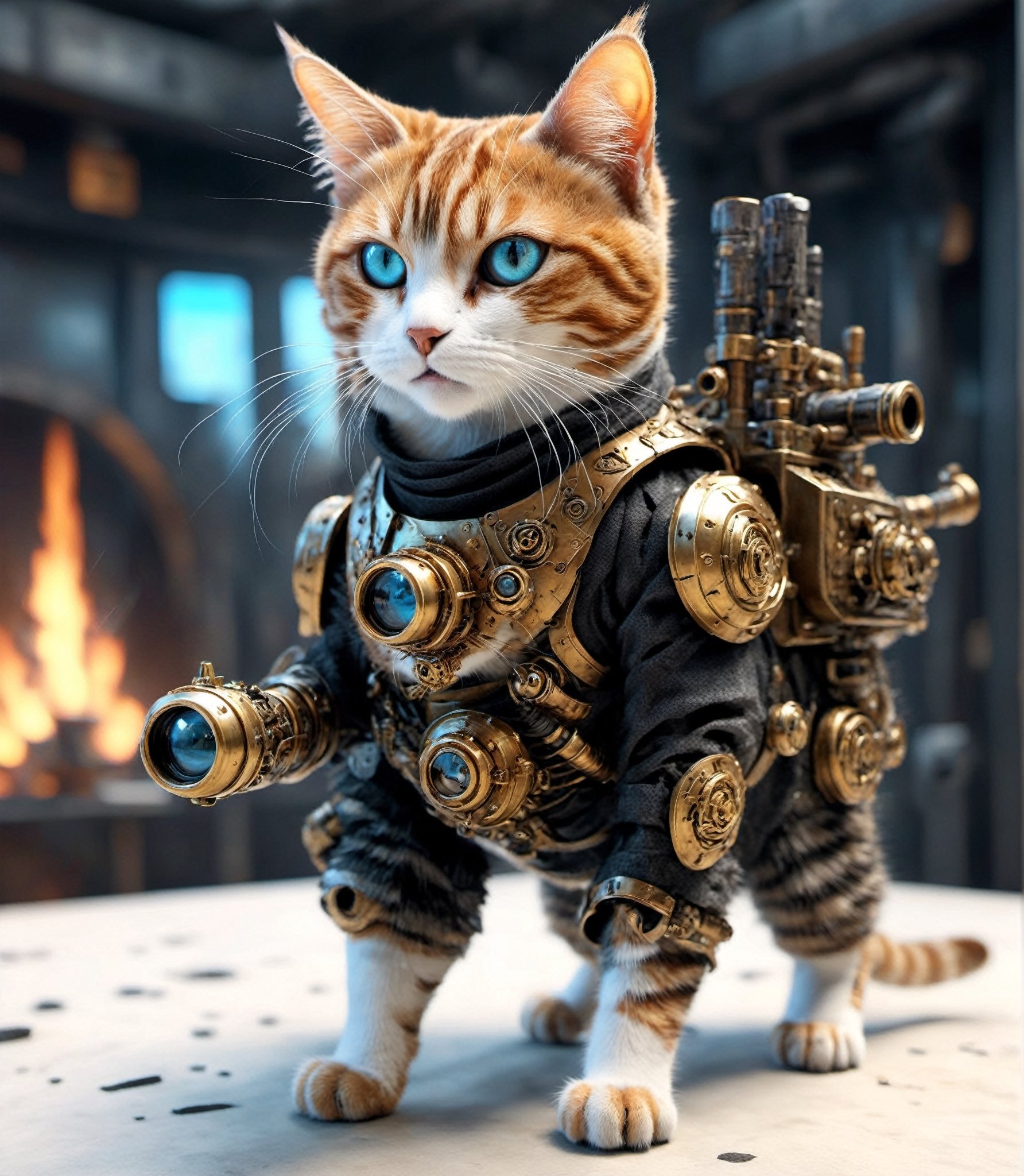 Extreme detailed, ultra Realistic, futuristic, A Munchkin cat with a high-tech Gatling gun on its back,pirate style eye patch, Solo, 1cat, large Gatling gun, fire, high-tech cybernetics Munchkin,((four legs)), ULTRA Real, Realistic cat, military, monster, ,mecha,aw0k cat,GLASS,DonMCyb3rN3cr0XL 