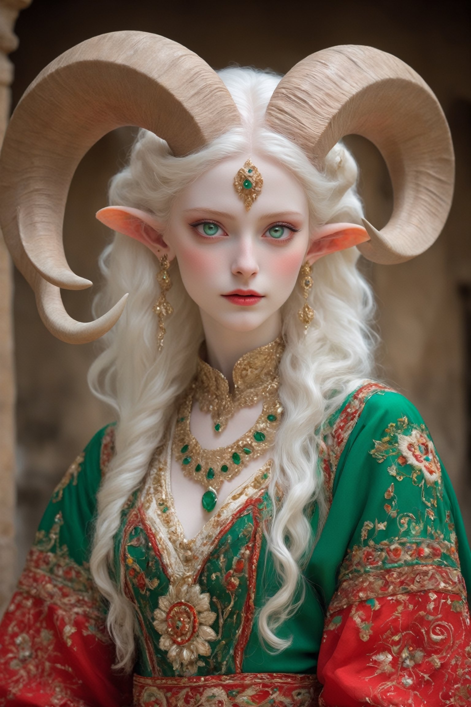  albino devil girl,
 (complex long horns: 1.2), in traditional Italian and Sardinian costume, endlessly beautiful emerald eyes, her ethereal presence accentuated by the transparency of her pale skin, her striking emerald eyes radiating an otherworldly glow,
Break
Wrapped in the vibrant colors and intricate designs of her artistically embroidered blouse, colorful skirt, apron, and Sardinian folk costume in red and white tones, she exudes an enchanting allure that transcends the realms of fantasy and reality,photo_b00ster