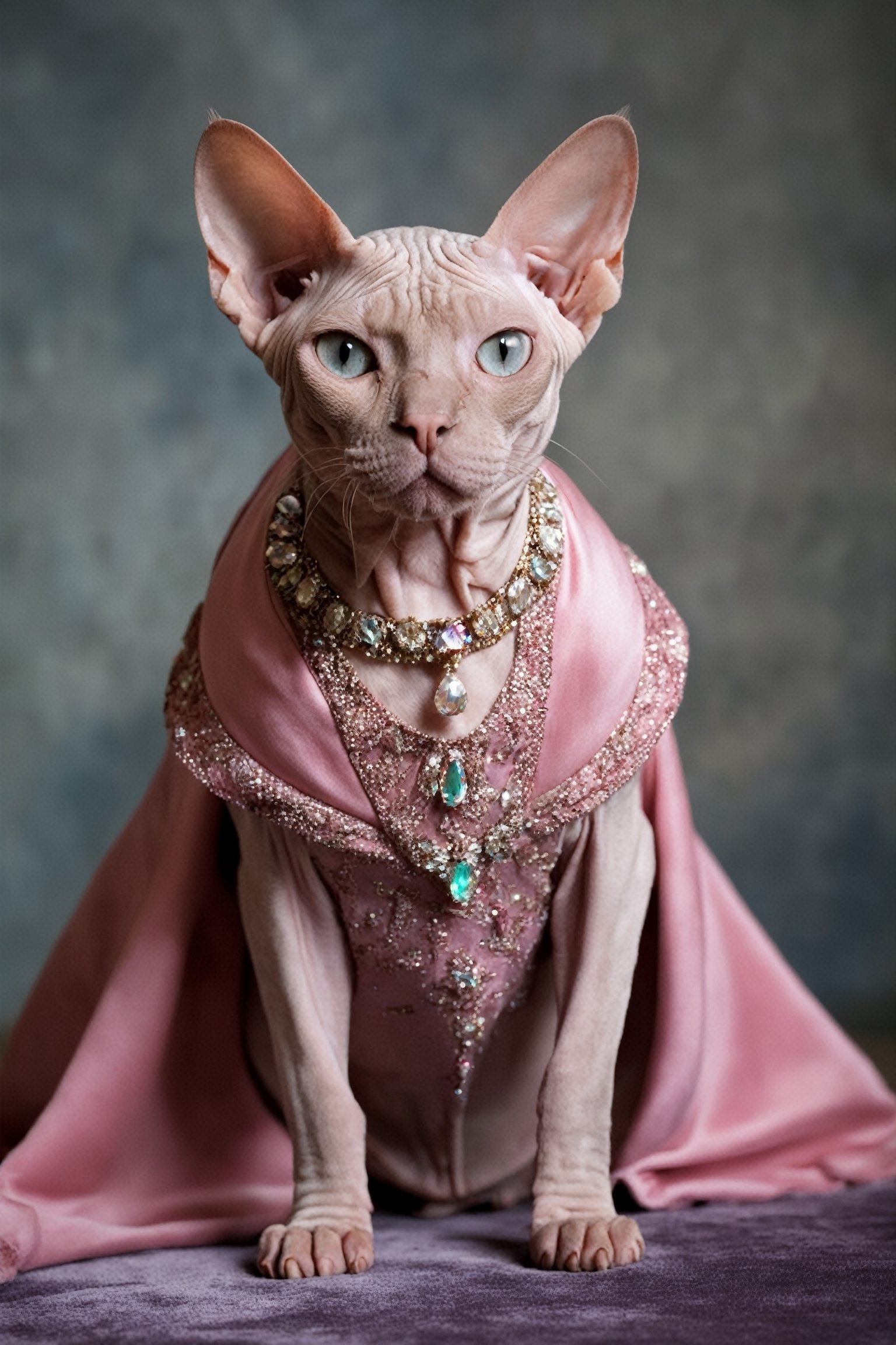 Portrait of a cute pink Sphynx cat, the cat is wearing a luxurious jeweled dress, on a velvet rug,bustle dress