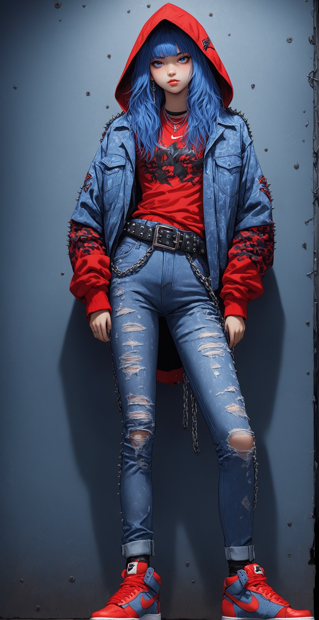 Extreme Detail,best quality,1 girl,18yo,Cute face,
1980’s thrash metal artist,(Wearing Blue Denim Jeket:1.8) ,camouflage pants,red hood, Nike Shoes, studded belt with chain,heavy_jacket